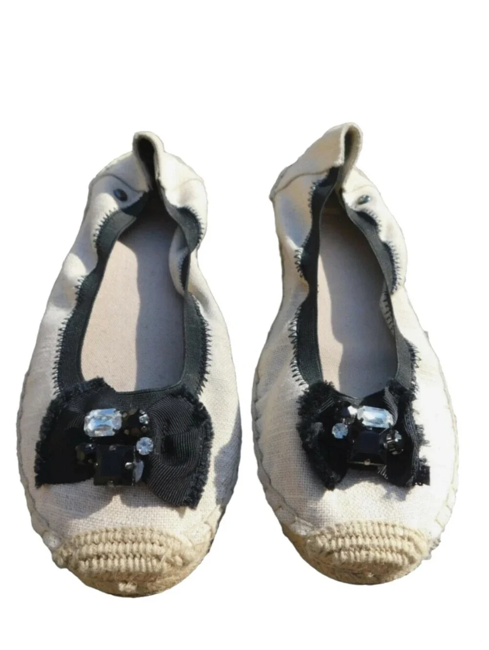 Simply Vera Vera Wang Ethel Espadrille Flats Tan & Black Bow Rhinestone Size 8.5